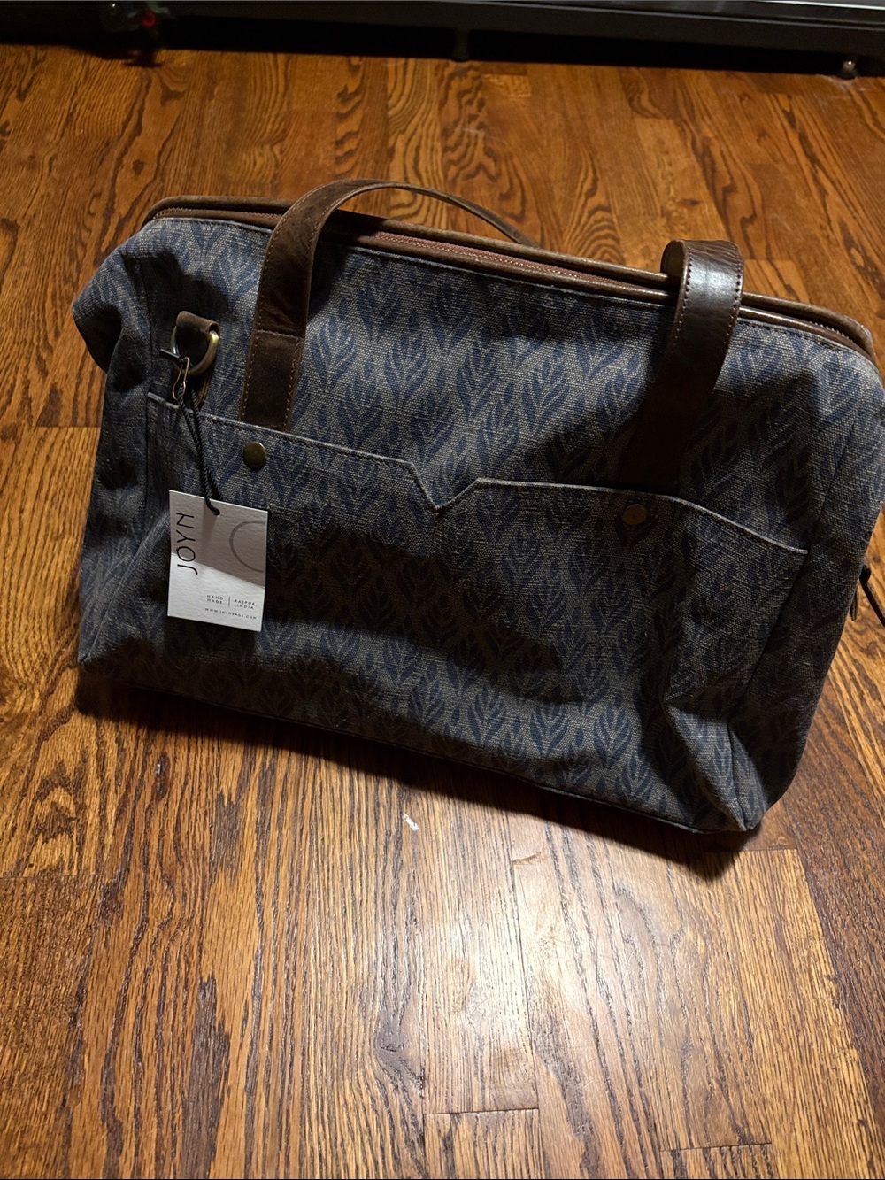 NWT JOYN Slate Patterned Satchel with Brown Leather Accents Fair Trade